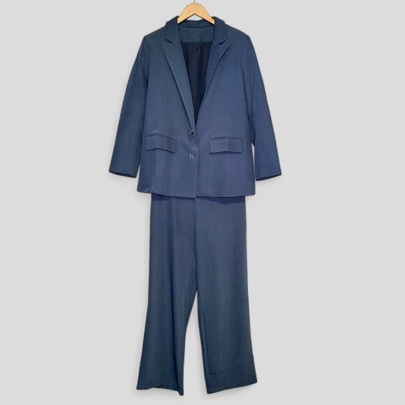 Women's Large Gray Two Piece Suit Blazer & Pants Stretchy Waistband Wide Leg - Picture 1 of 15